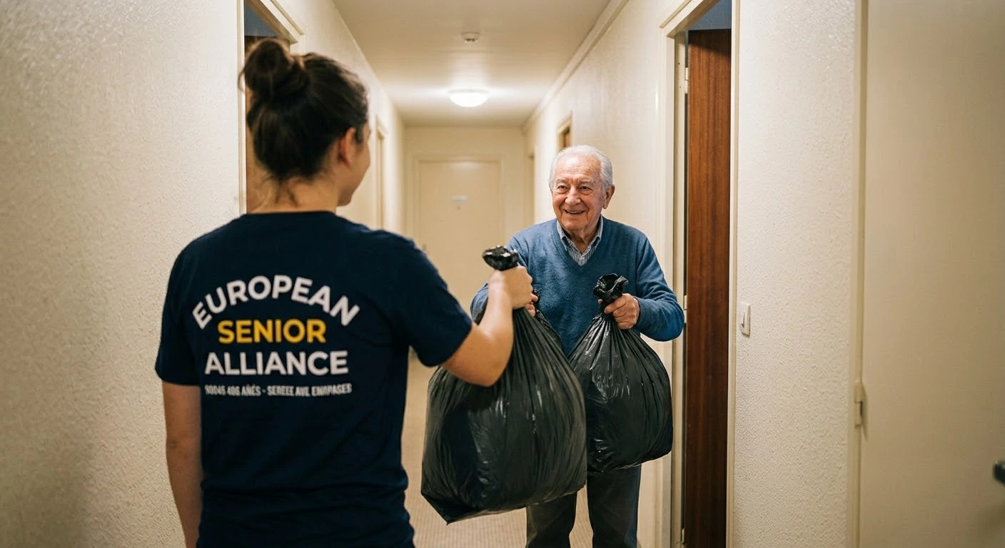 Une bénévole prend en charge les sacs d’un senior au palier.