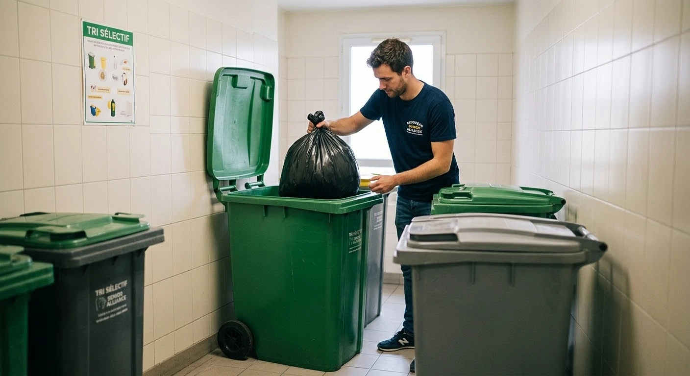 Un bénévole dépose un sac dans un conteneur.
