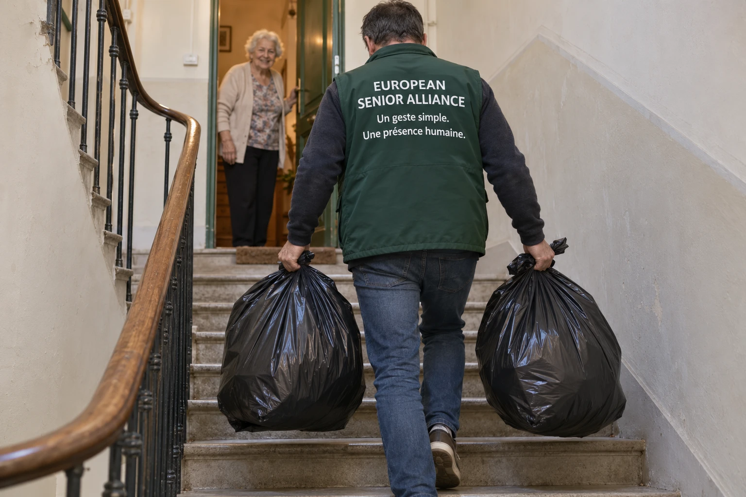Scène illustrée : un bénévole de dos descend les escaliers avec de gros sacs-poubelle ; une senior reste devant sa porte sur le palier.