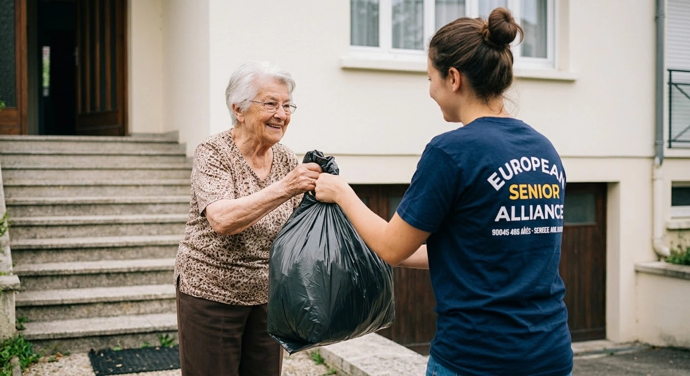 Une senior échange un sac-poubelle avec une bénévole près de l’entrée de son immeuble.