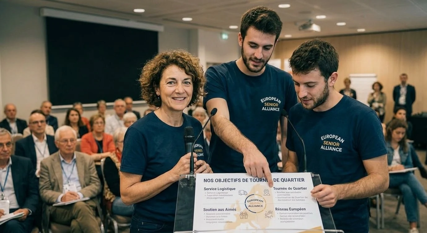 Illustration de membres de l’association présentant leurs objectifs à une assemblée.
