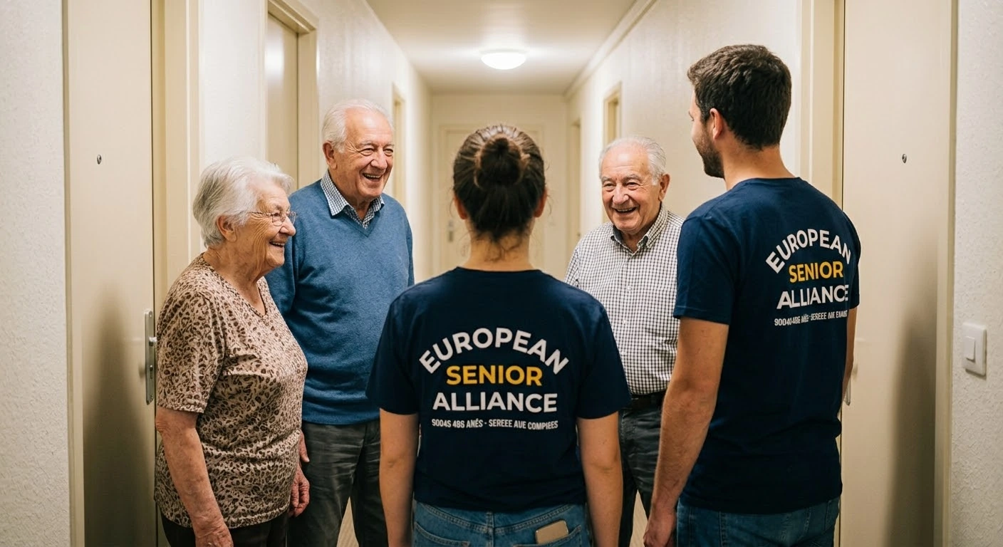 Des seniors et deux bénévoles échangent dans le couloir d’une résidence.